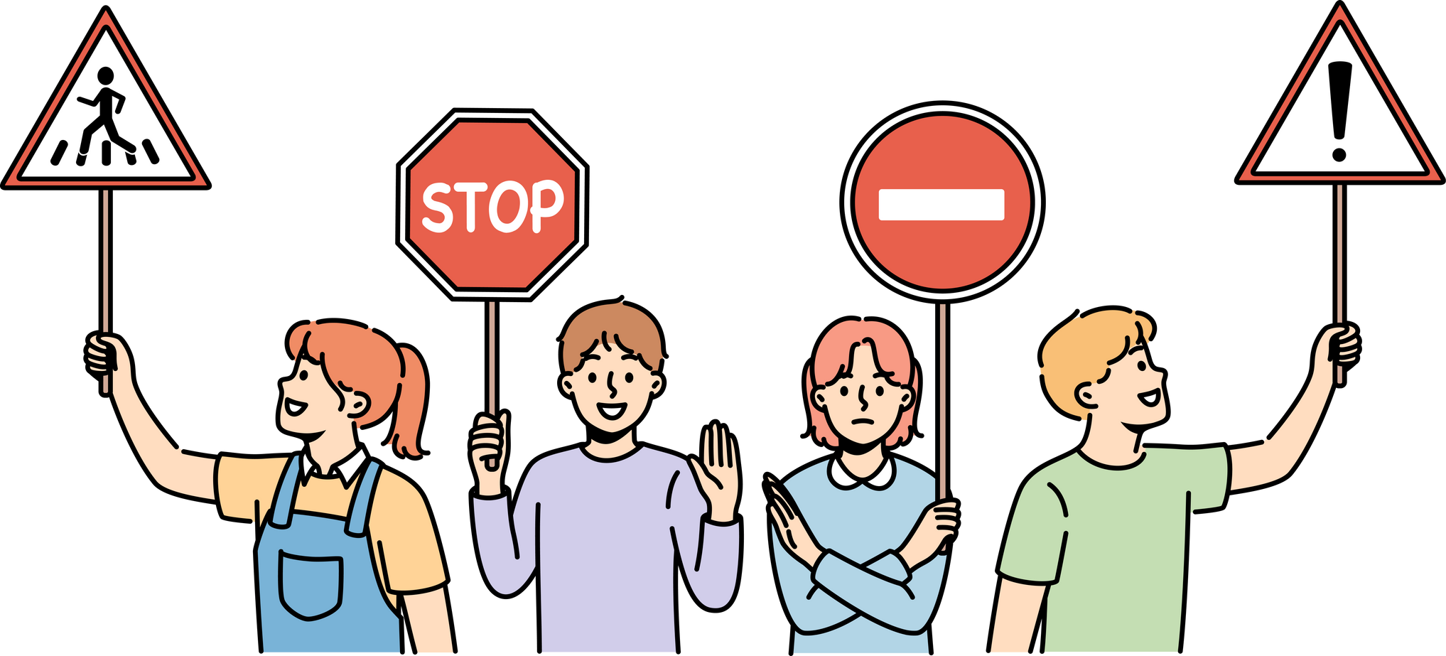 Young children hold traffic signs urging peers to follow safety rules walking streets. Happy preteen kids with street traffic signs recommend paying attention to problem of car accidents.